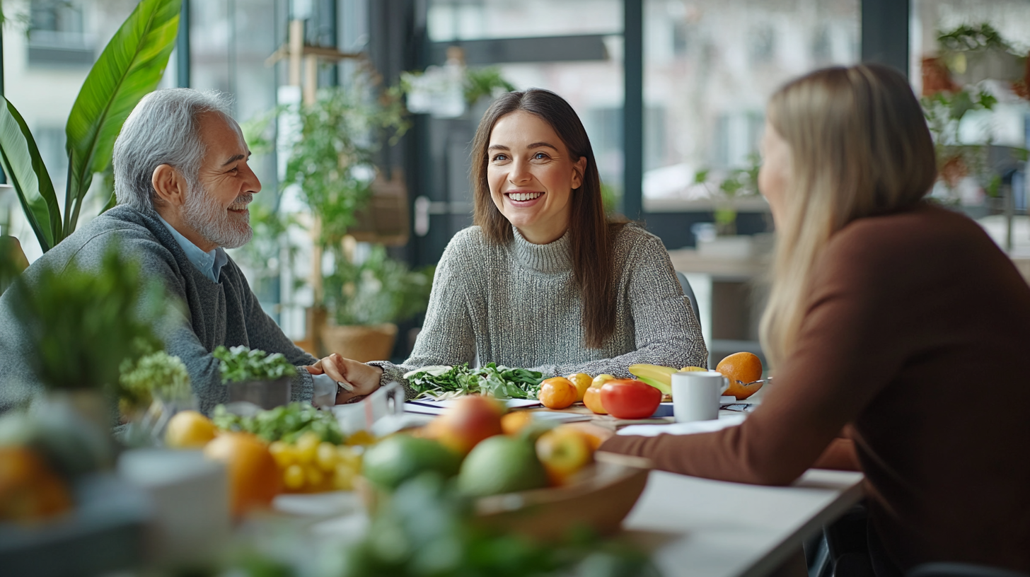 Професионален екип от диетолози и възрастни хора в консултация
